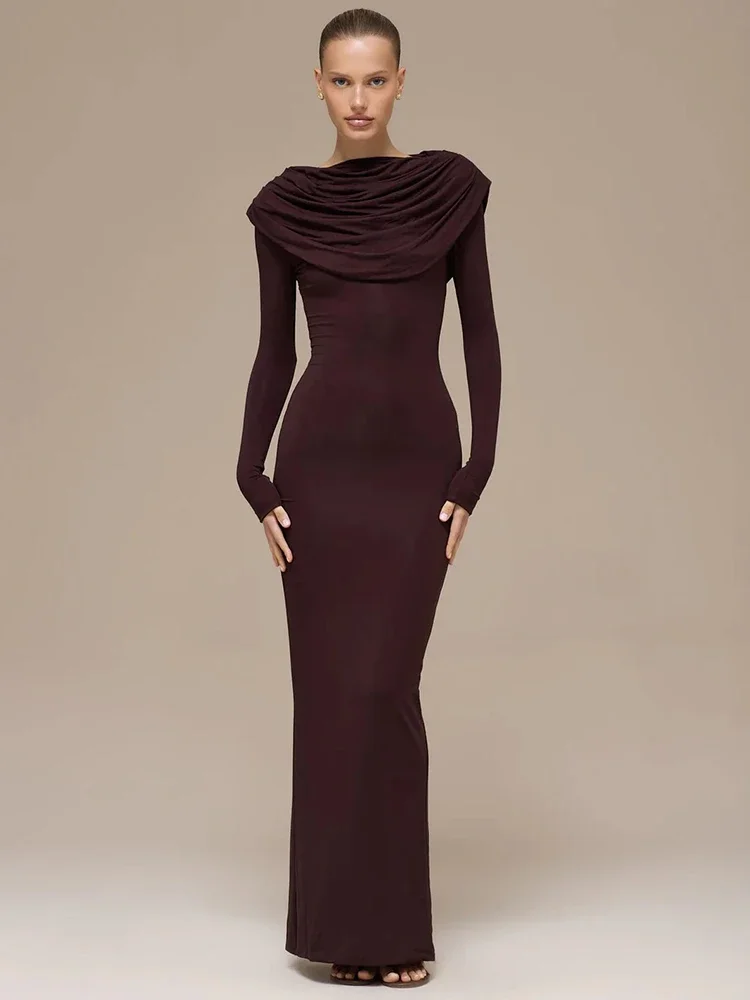 

Stacked Collar Long Sleeve Sexy Maxi Dress Women Gown Elegant Coffee High Waist Bodycon Back Split Club Party Dresses