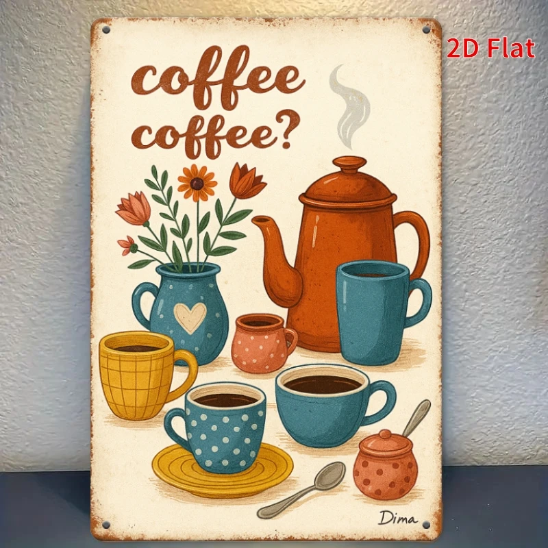 Retro aluminum sign 2D Flat, 1pc Vintage Coffee-Themed Iron Wall Art Sign - 7.87x11.81inch Iron Coffee Pot,Kettle & Cup Desig