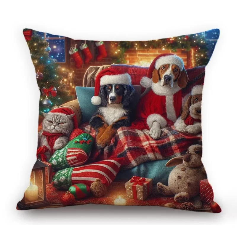 Lovely Cute Christmas Puppy Dog Home Decoration Cotton Linen Sofa Throw Pillow Case Xmas Chair Seat Cushion Cover