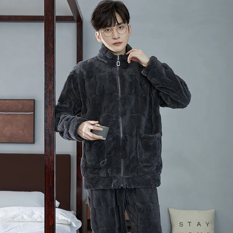 Autumn Wintert Can Be Worn Outside Men\'s Sleep Pajamas Zipper Thickened Homewear Fashion Set Winter