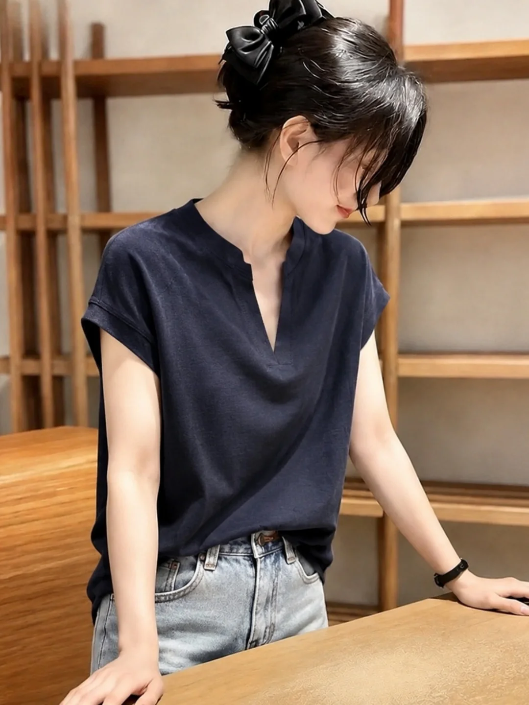 

Summer Trendy Loose Women's Short Sleeve T-Shirt Pure Color Versatile Korean Style Casual Top for Younger Looking