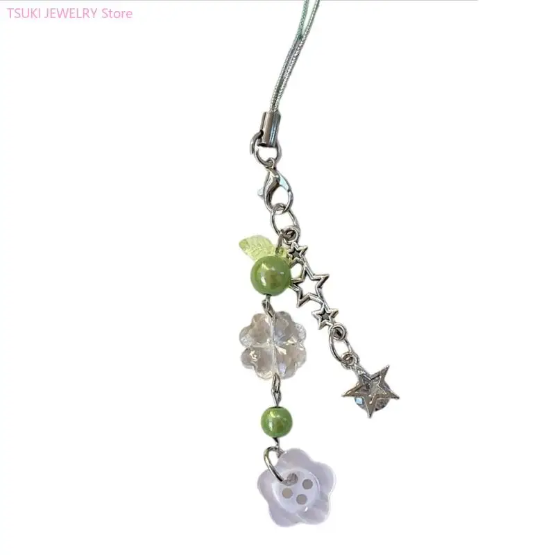 62KE Korean Lucky Four Grass Keychain Pearls Beads Phone Lanyard Jewelry