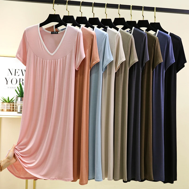 Summer V-Neck Modal Sleep Dress Women Loose plus Size Short Sleeve A-Line Midi Knee-Length Home Dress Pleated Skirt