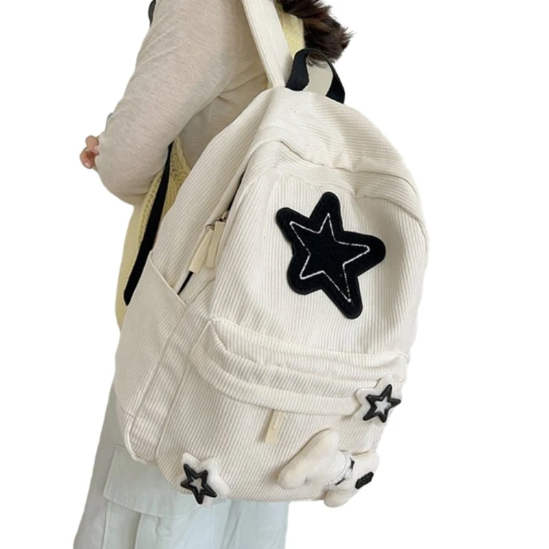 School Backpack with Star Pattern Shoulder Bag Large Capacity Bookbags for Girl Student Versatile Corduroy Rucksack