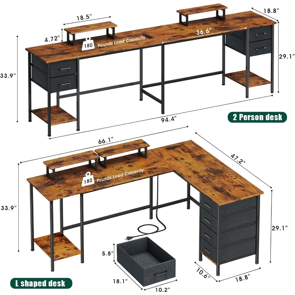 مكتب كمبيوتر زاوية كبيرة مع منافذ طاقة، مكتب منزلي يتميز بـ 4 أدراج قابلة للتعديل و2 حوامل شاشة #3