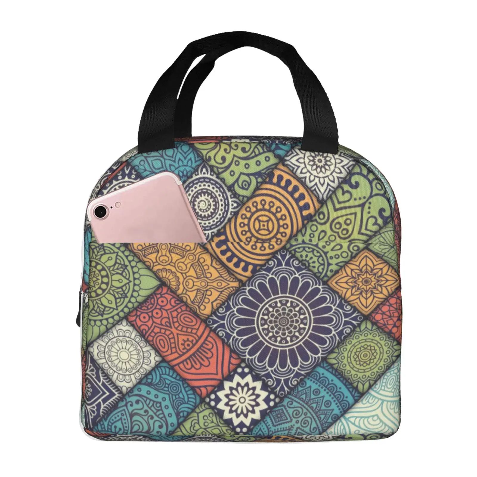 Patchwork Ethnic Art Print Insulated Lunch Bag Portable Handheld Cooler Tote Food Container for Picnic Work School Unisex