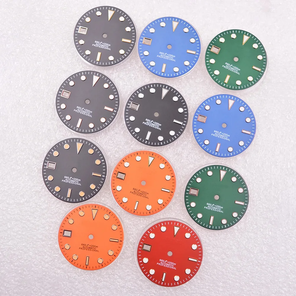 29mm Right hand 9 o\'clock date watch Dial fit NH35 movement  black green blue red orange watch Sterile dial luminous Dial