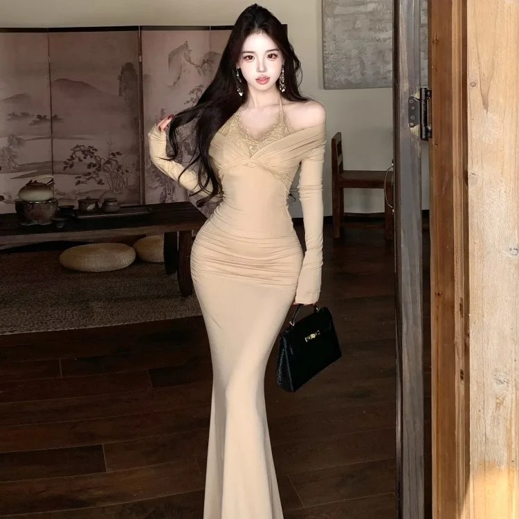 Spicy Girl Lace Patchwork Fake 2-Piece Long Sve T-irt Top High Waist Pleated Wrap f Skirt Long Autumn Winter Set Women