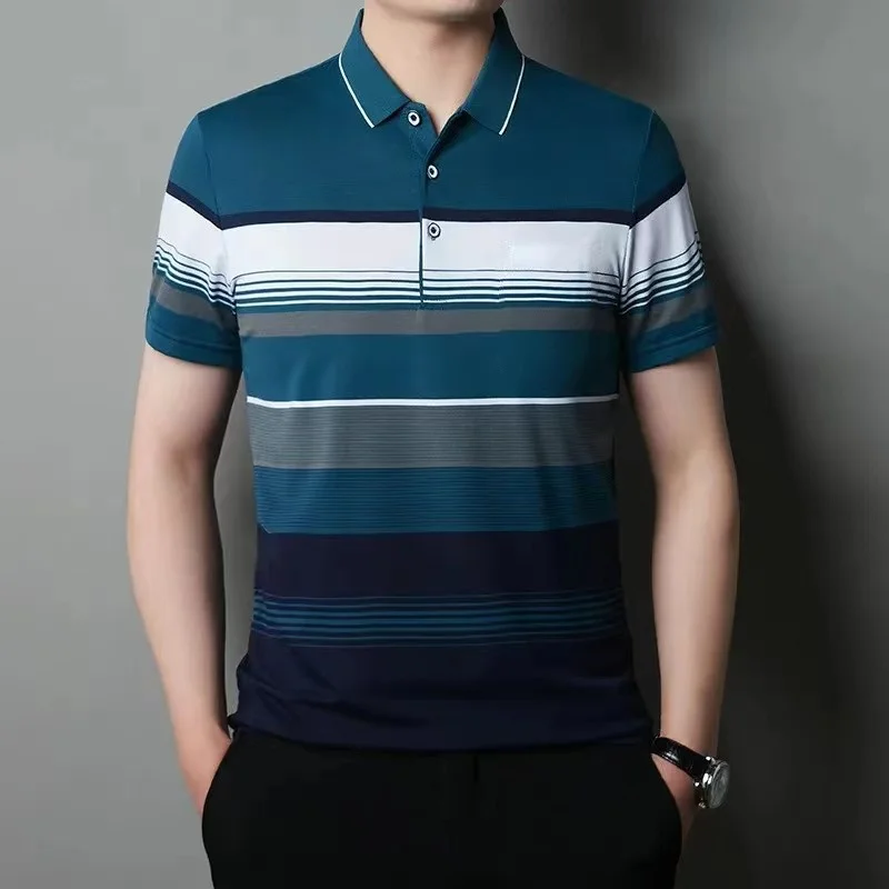 Men\'s Polo Shirts Korea Man Golf Shirts Summer Striped Print Button Clothing Business Style Male Streetwear Short Sleeve