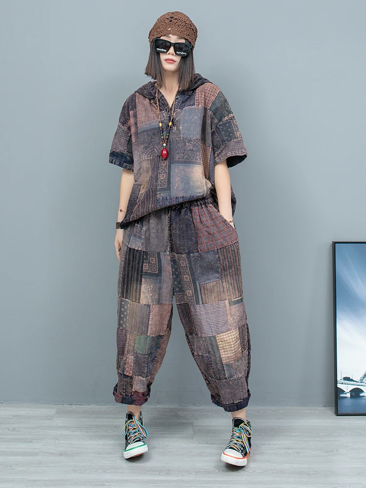 Printed Patchwork Old Fabric Hooded Short Sleeved Top + Cropped Pants Two-piece Set Women 2024 Spring Summer Pant Set LX1003