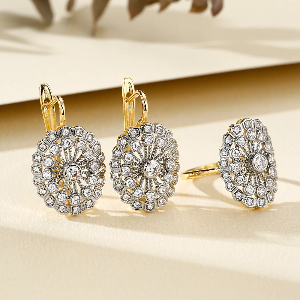 Hollow inlaid zircon earrings and ring set copper plated 14K gold elegant fashion jewelry party banquet holiday decoration