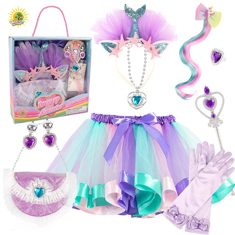 

Children'S Play House Princess Toy Jewelry Set Unicorn Angel Stick Pendant Earrings Ring Skirt Bag Girl'S Birthday Party Gift