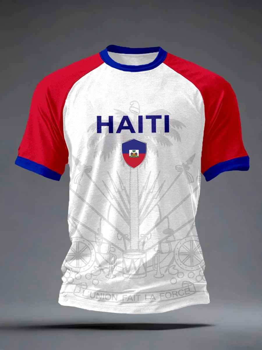 2026 New Haiti Soccer Jersey  Breathable Quick-Dry Raglan Sleeve Football Shirt with Coat of Arms Print for Fans