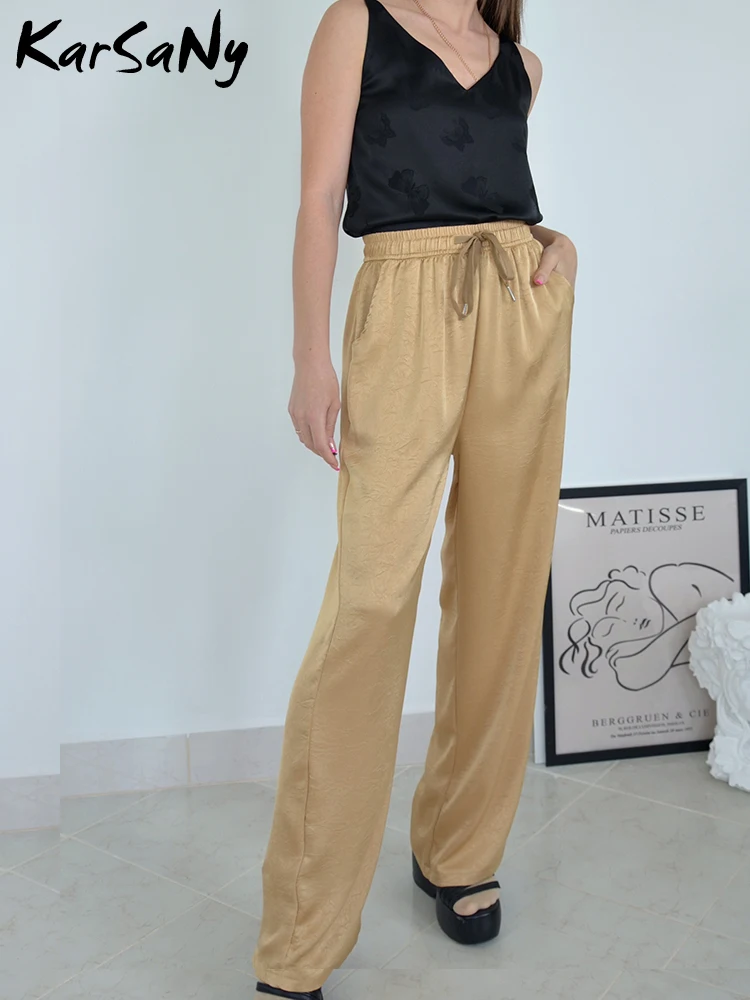 

Women's Pants Straight Casual Pants Elegant Female Solid Color Satin Pleated New 2024 Pants Women's Summer Artificial Silk Pants