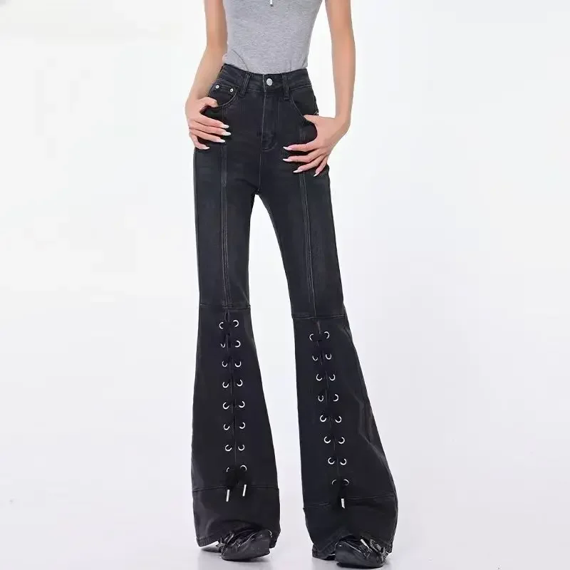 High Street Lace Up Gothic Schwarz Flare Jeans Frauen Y2k Goth Slim Fit Vintage Denim Hosen Streetwear Y2k Casual Hosen