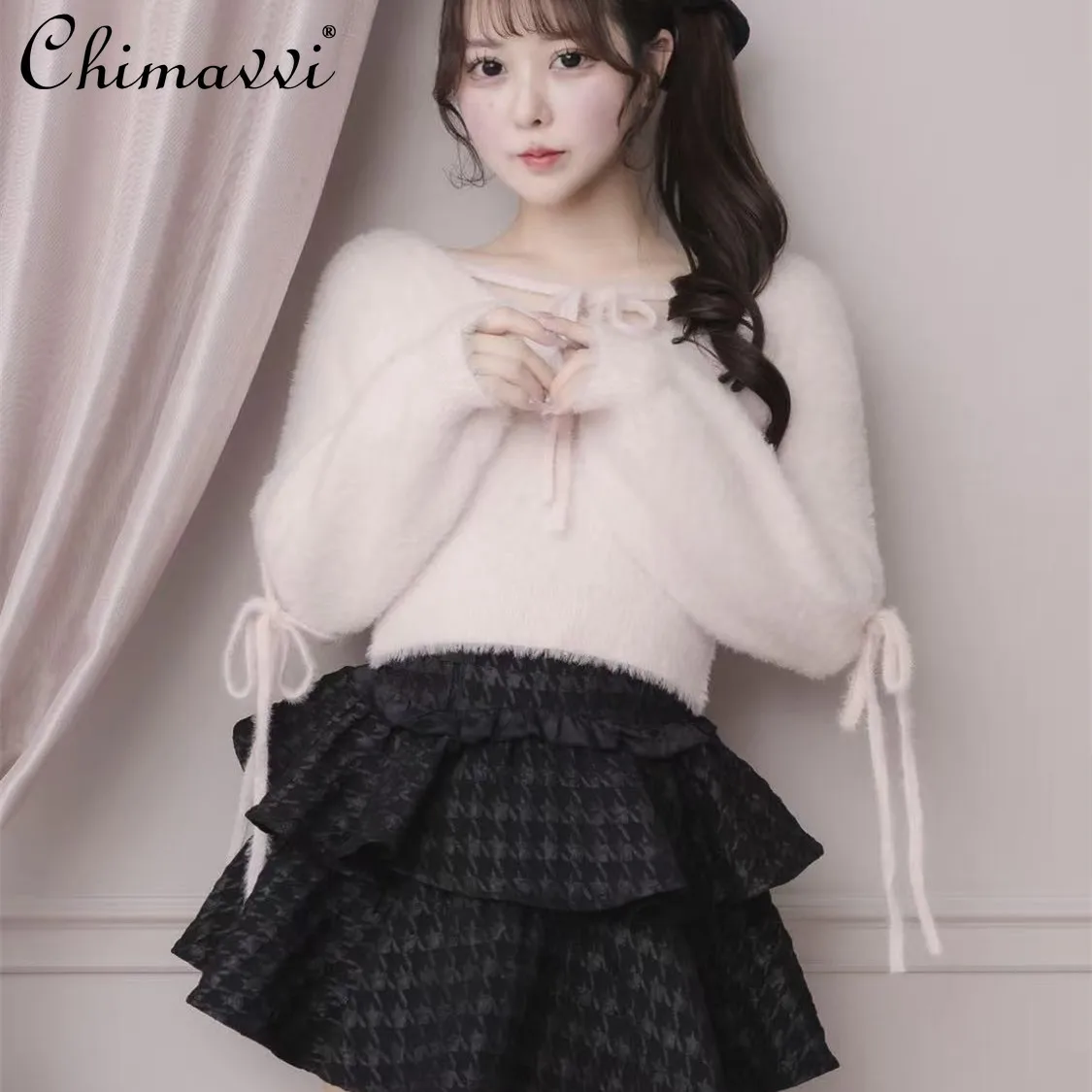 

Japanese Sweet Sparkling Sequin Feather Yarn Knitted Lace-up Sweater Spring New Cute Girl Long-sleeve Pullover Y2k Knitted Top