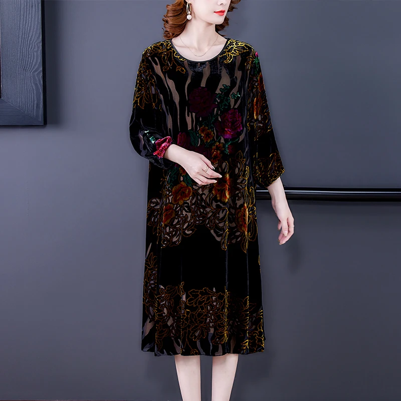 Robe en velours doré pour femme, robe de mûrier haut de gamme, robe de fleurs brûlées, robe de tempérament luxueuse, robe éducative, grande taille, automne, nouveau