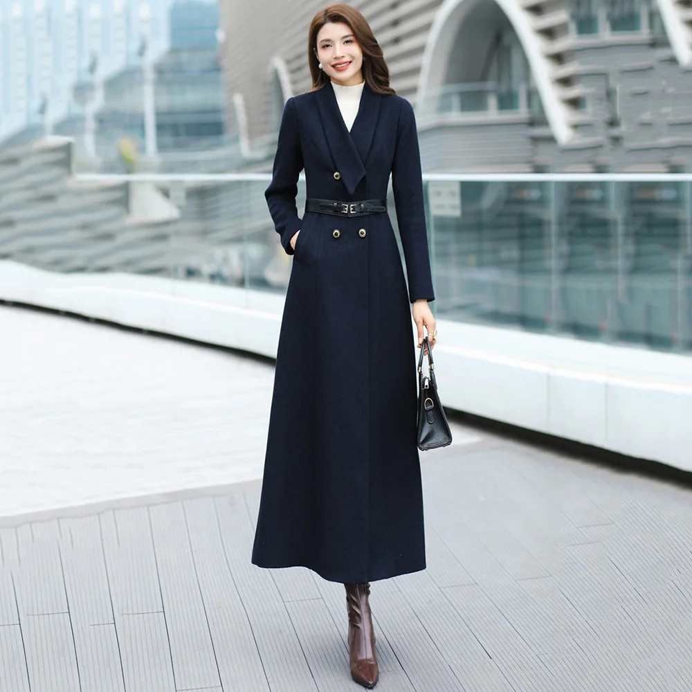 

New Women Autumn Winter Navy Blue Wool Blended Coat Fashion Elegant Turn-down Collar Double Breasted Slim Woolen Overcoat