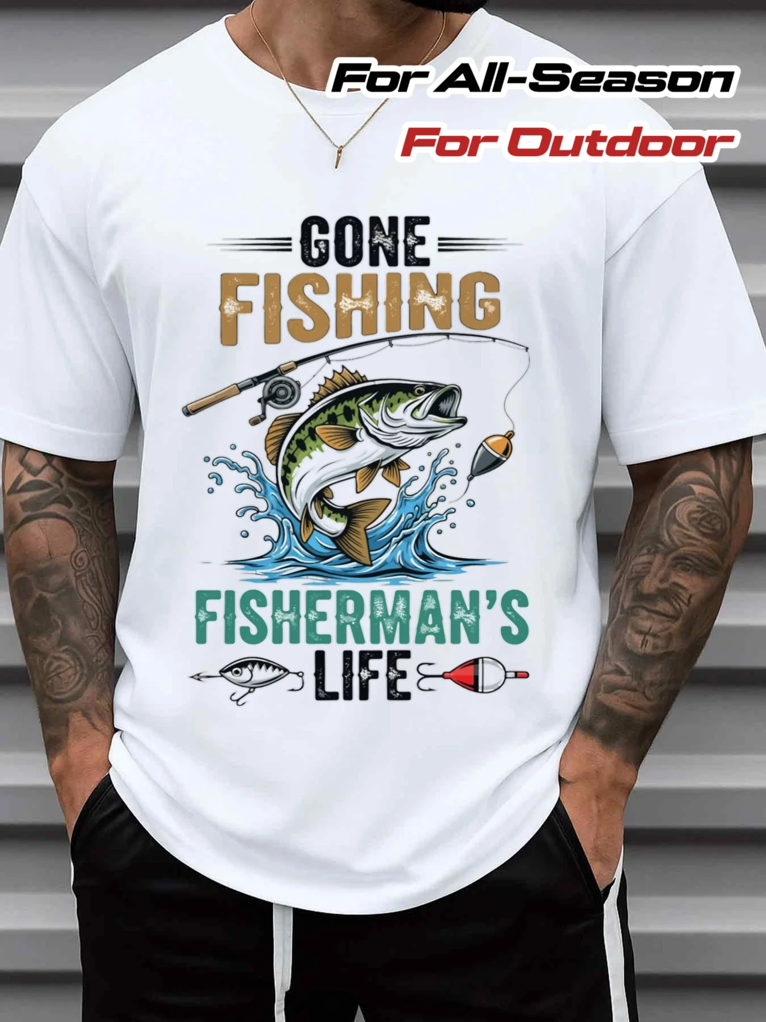 Men's Pure Fishing-Themed T-Shirt with Fishing Rod Print, Casual Short-Sleeved Round-Neck Shirt, Suitable for Fishing Trips and Outdoor Activities, Can Be Worn in All Seasons, Ideal Gift for Fishing Enthusiasts