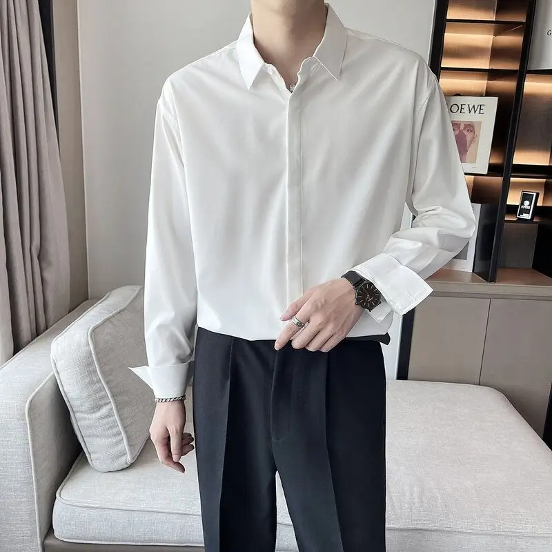 

Однотонная мужская рубашка с длинным рукавом, высококачественные деловые белые рубашки, Мужская Роскошная дышащая одежда для мужчин, Классический Топ на пуговицах, A55