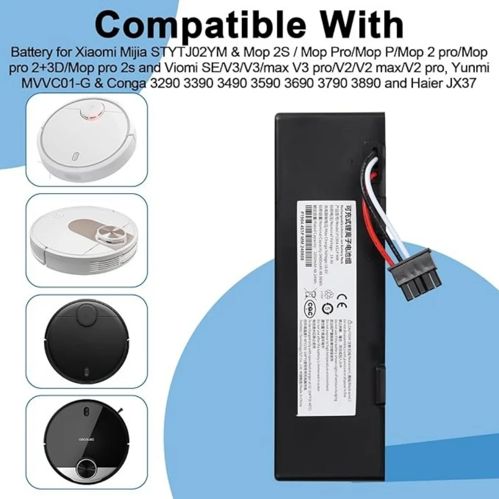 14.4V 6500mAh Replacement Battery for Xiaomi Mop 2s Mop p/Mop Pro for Xiaomi Mijia STYTJ02YM for Conga 3290 3390 Sweeper Battery