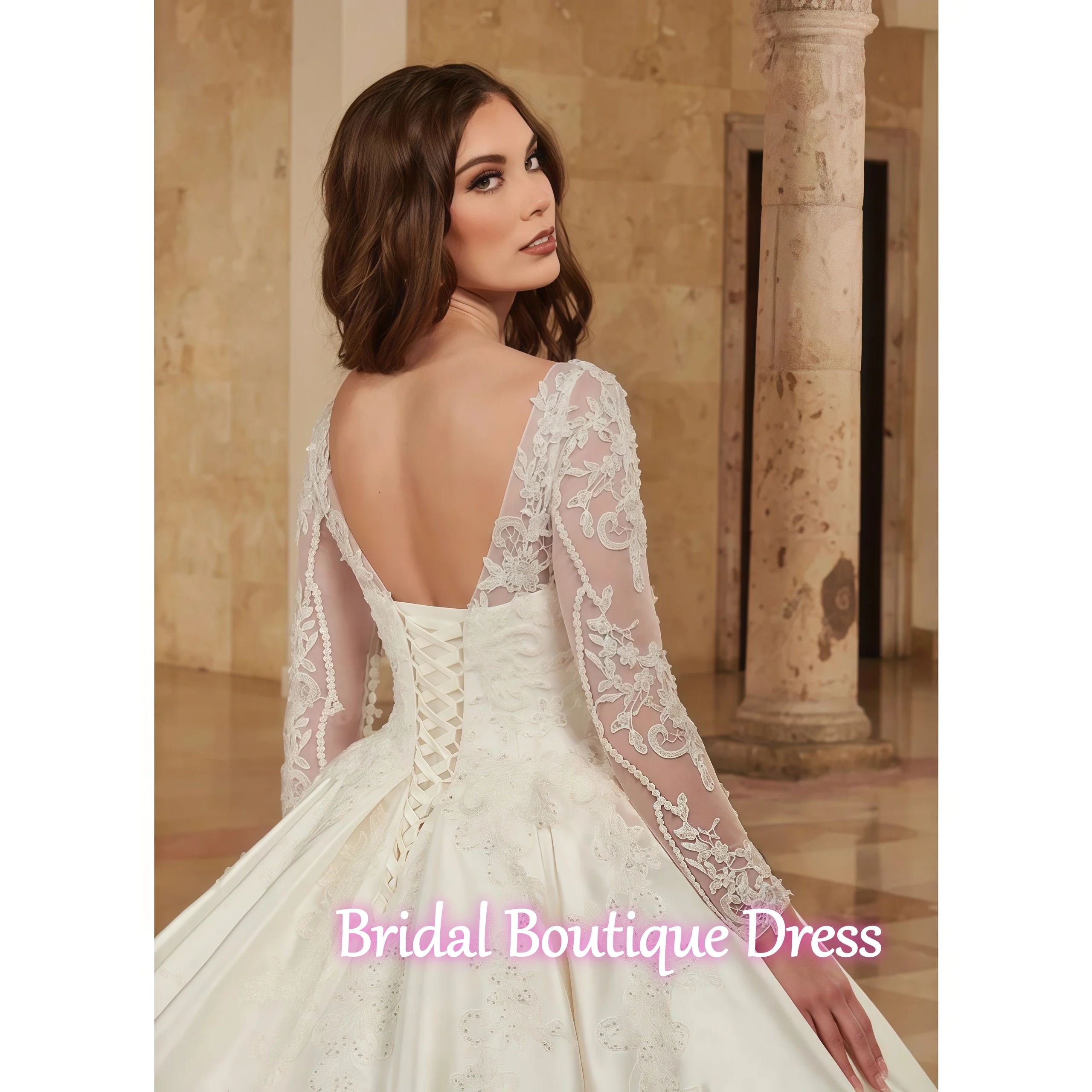 Gaun Pengantin Satin Illusion Lengan Panjang Elegan yang Dikustomisasi, Gaun Pengantin Putri dengan Aplikasi Manik-Manik dan Detail Sweetheart yang Indah