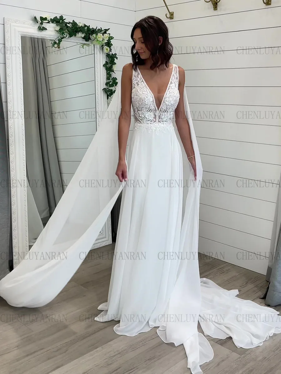 

V-Neck Chiffon Wedding Dresses Sleeveless A-Line Sexy Bride Dresses High Quality Elegant Dress For Women 2023 Robe De Mariée