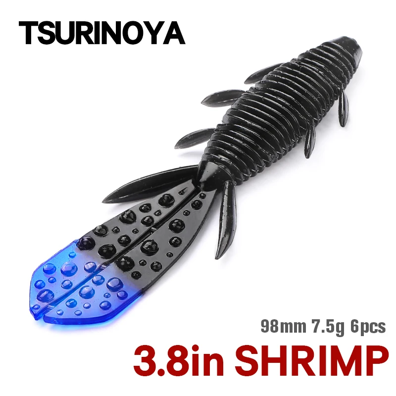 TSURINOYA 3.8in 6pcs 10colors Shrimp Soft Lure NEBULA Bass Game Bellow Fishing Lure Artificial Silicone Add Salt Worm Baits Pike