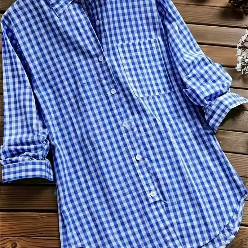 

2025 New Gingham Turn-Down Collar Long Sleeve Shirt Vintage Button Style Autumn Arrival