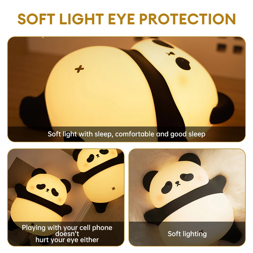 Imagem -06 - Panda Led Silicone Night Light para Crianças Pat Controle de Brilho Temporização Desligamento Automático Sono Animal Fofo