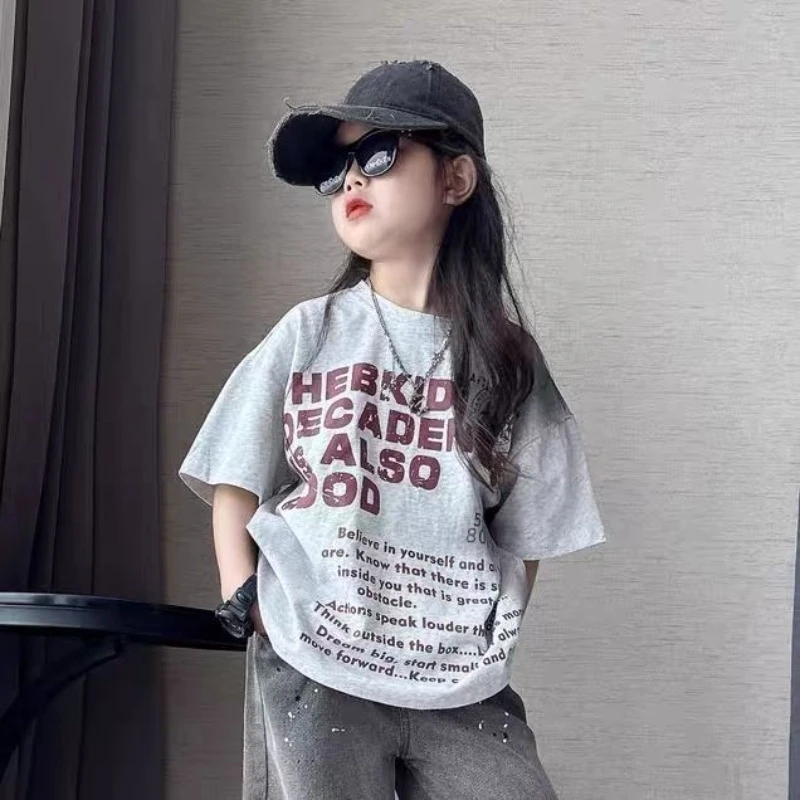 2026 Summer Girls Outfit Set Casual Short Sleeve T-Shirt with Ripped Loose Jeans 2 Piece Clothes for Medium Big Kids