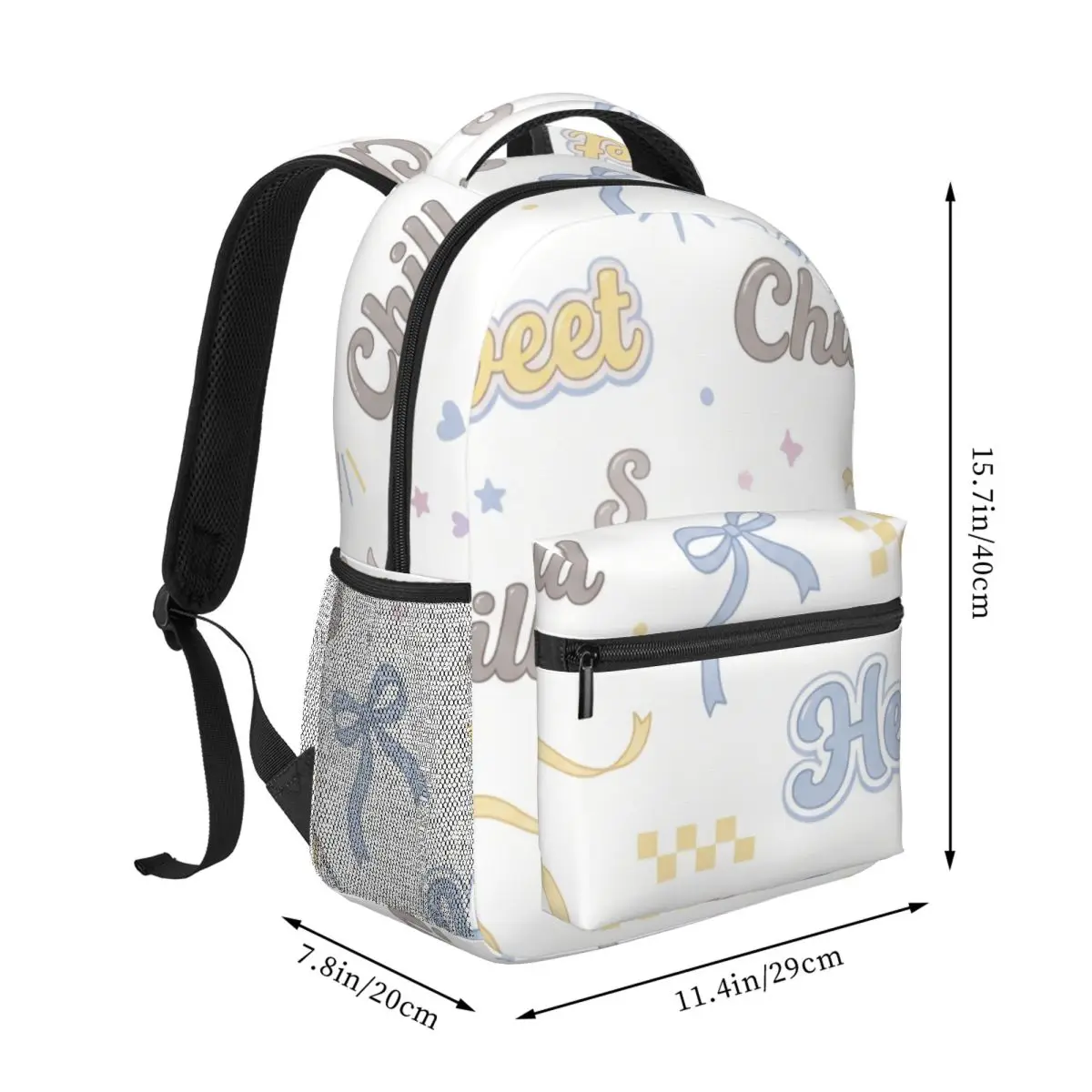 Soft Aesthetic Student Backpack Tossed Hello Sweet Words Y2K Coquette Light Ground Cute Daypack for College Class Weekend Gift