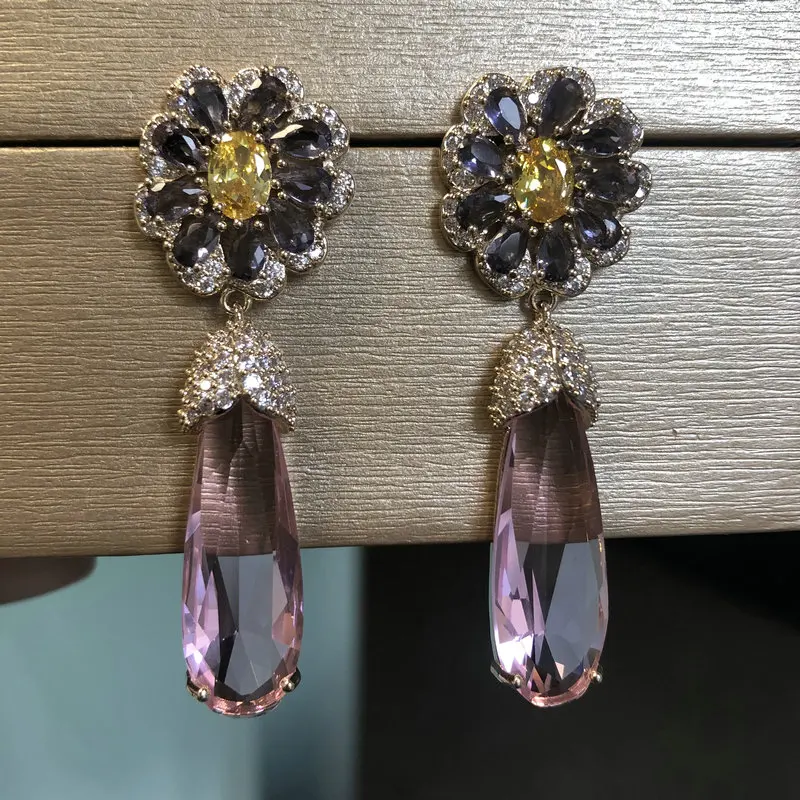 Bilincolor Fashion Blue Flower and Green Zirconia Dangling Drop Earring for Women