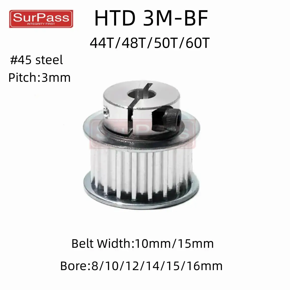 

44T/48T/50T/60 Tooth HTD 3M BF Clamping Type Synchronous Wheels Bore 8/10/12/14/15/16mm for Timing Belt width 10/15mm pitch 3mm