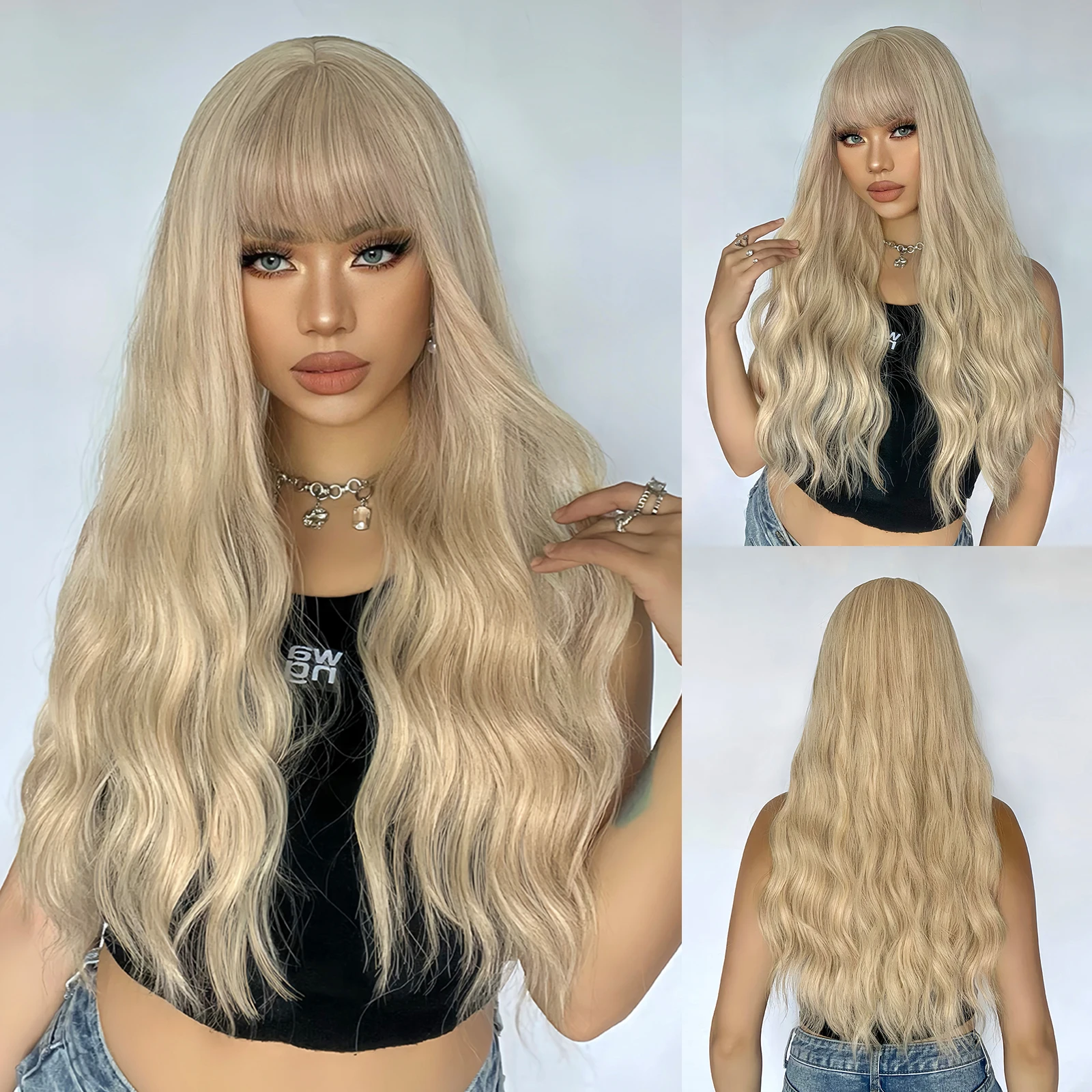 Blond długie kręcone peruki syntetyczne dla kobiet Jasnożółta peruka z naturalnymi włosami typu Body Wave do cosplay Włosy termoodporne z grzywką