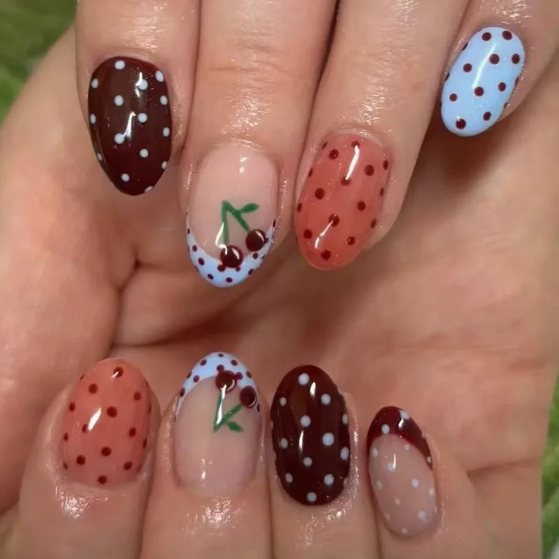 

24PCS Almond False Nails Cherry Color Polka Dot Design Stars Flowers Gradient French Fake Nails Sweet Press on Nails for Women