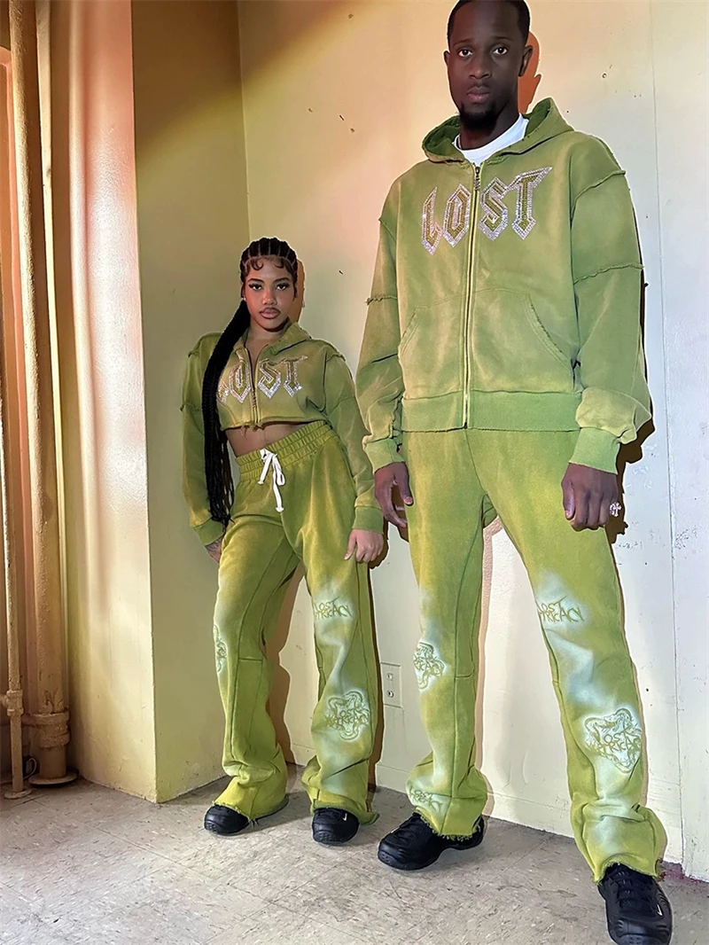 Новая толстовка на молнии с зелеными стразами для мужчин и женщин 1:1, высококачественный повседневный спортивный костюм с капюшоном большого размера с бриллиантами