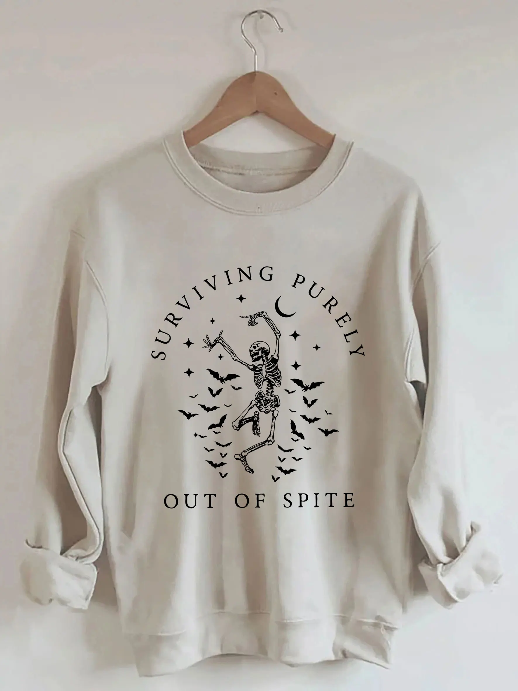 Surviving Purely out of Spite Sweatshirt Funny Skeleton and Bats Graphic Print Sweatshirt Halloween Sweatshirt