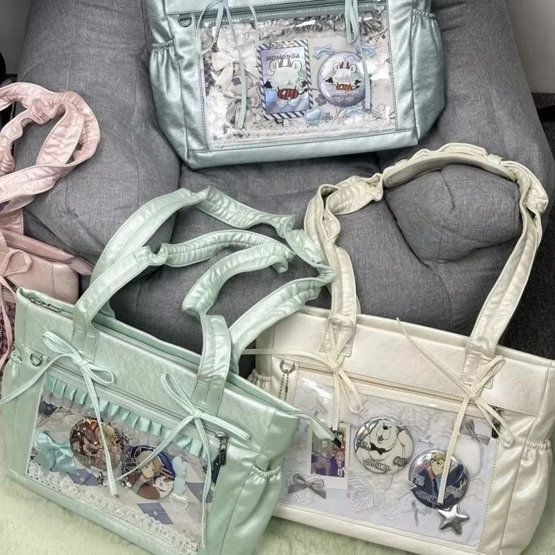 

Прозрачные японские сумки Itabags для девочек из искусственной кожи Y2k, большие сумки на плечо, большая вместительная сумка-тоут с лентой и бантами, дизайнерская сумка в стиле Лолиты