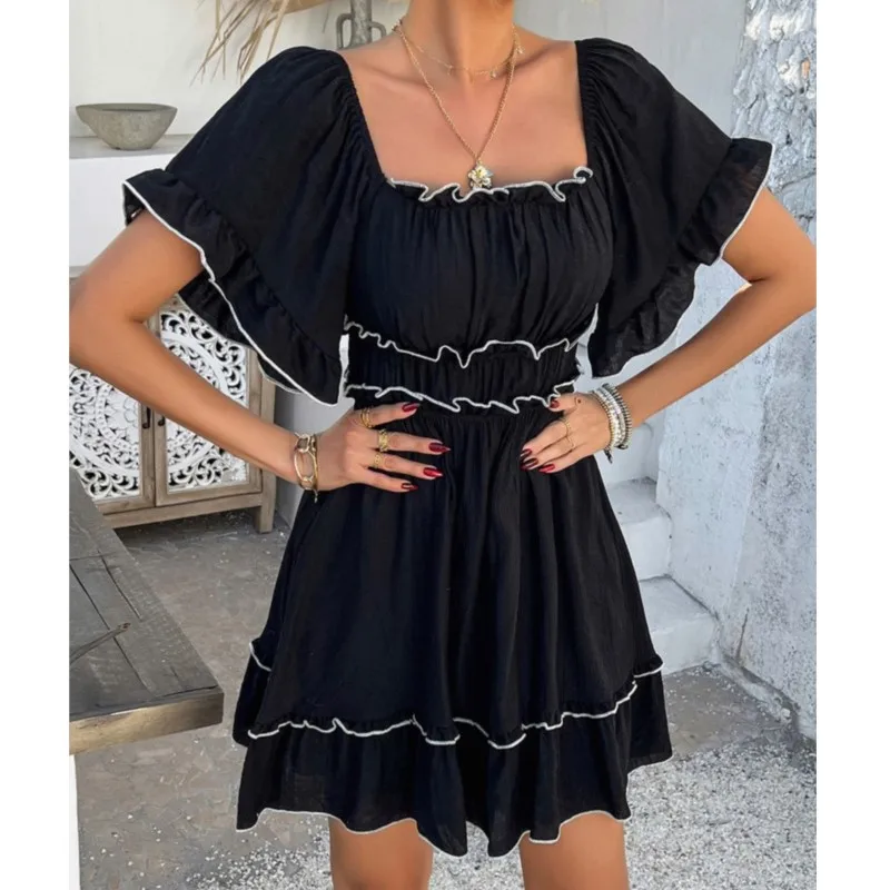 Robes élégantes pour femmes, nouveau Style de vacances décontracté, couleur unie, bord d'oreille, manches courtes, Mini robe de soirée courte, été 2025