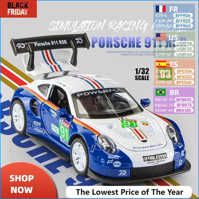 1:32 Porsche 911 GT3 RSR blue car alloy car model simulation car decoration collection gift toy Die casting model boy toy A40