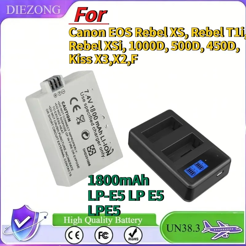 

New For Canon EOS Rebel XS, Rebel T1i, Rebel XSi, 1000D, 500D, 450D, Kiss X3,X2,F 1800mAh LP-E5 LP E5 LPE5 Battery LED Dual