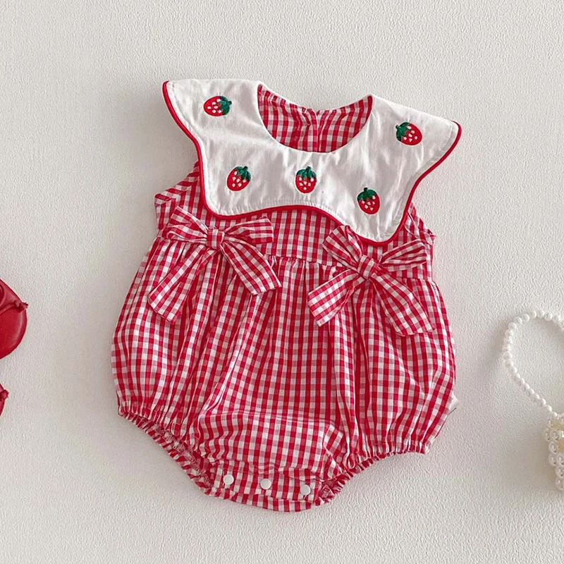 

2026 New Summer 0-24M Children Clothes Infant Baby Girls Bodysuits Sleeveless Cotton Grid Splicing Toddler Baby Girls Jumpsuit