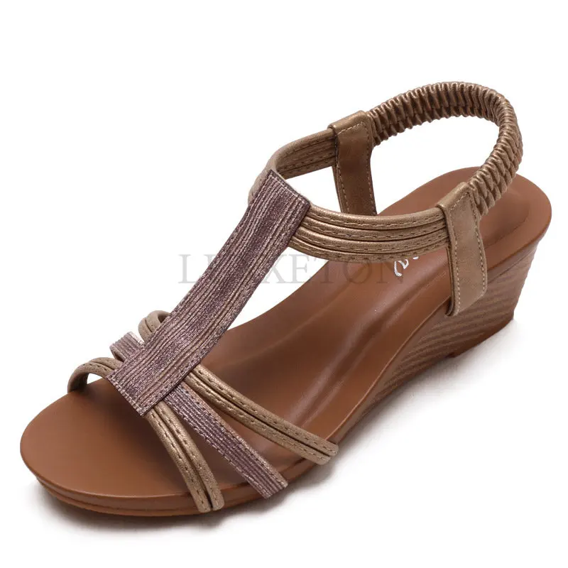 Women Wedges Gladiator Sandals Bohemia Open Toe Leisure Platform Beach Shoes Sandals Ladies Comfy Metallic Summer Heeled Shoes