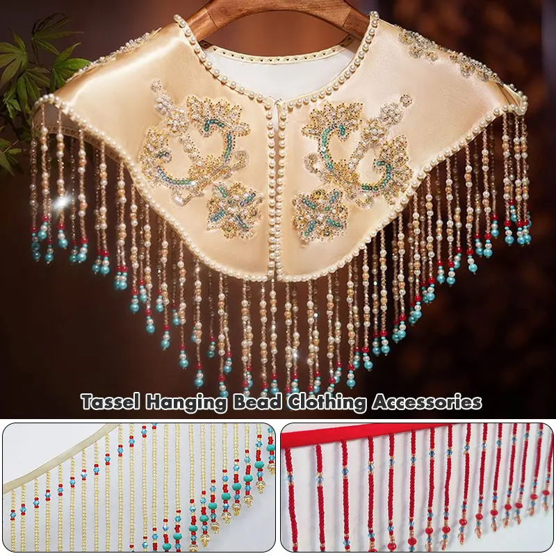 Adorno de encaje con flecos y cuentas hecho a mano, estilo étnico, decoración de vestido Hanfu, accesorios de tela de adorno de borla para costura DIY