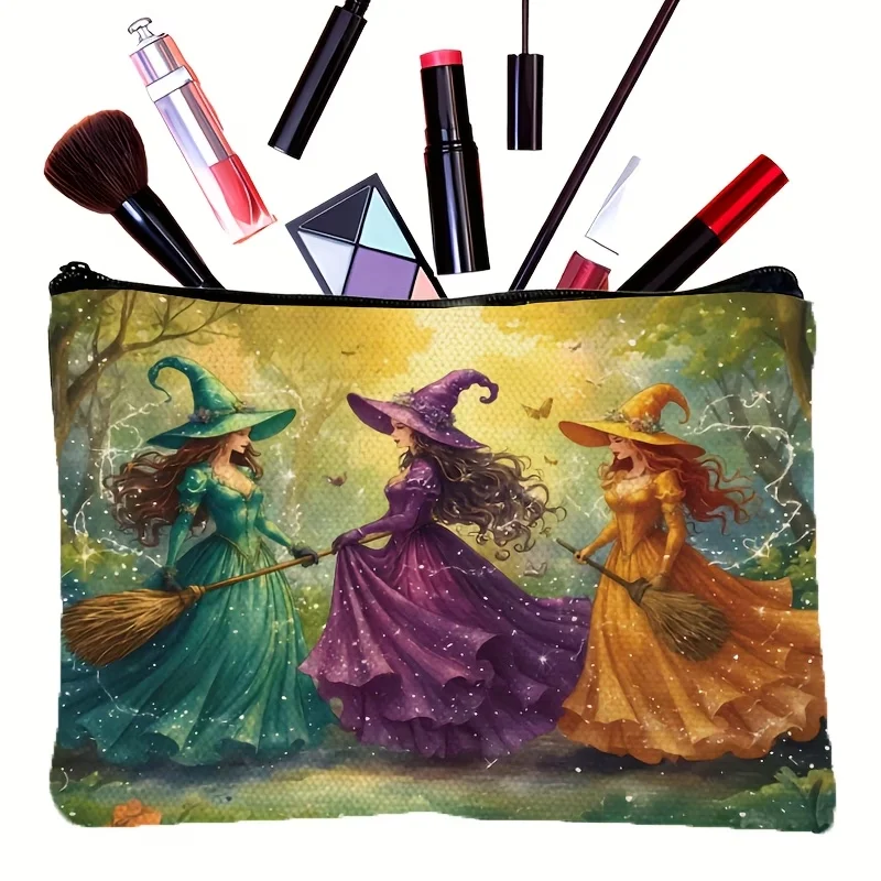 Vintage Witch Makeup Bag Autumn Forest Print Zipper Travel Cosmetic Toiletry Pouch Perfect Halloween Gift For Women
