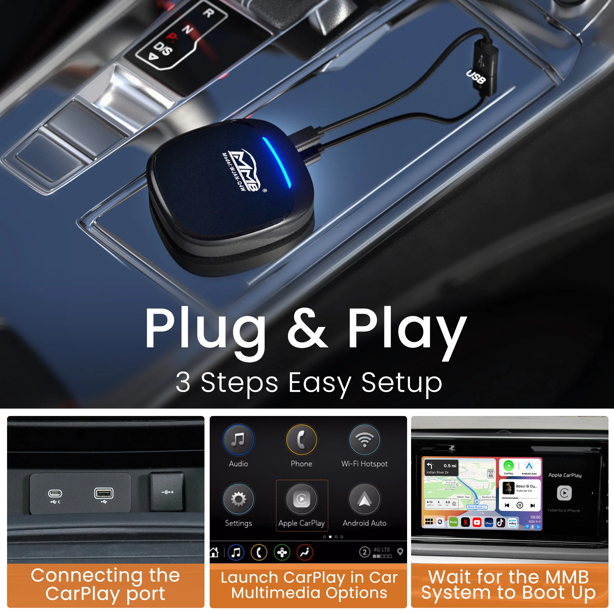 MMB MAX 5.0 CarPlay AI Box Android 13.0 OS QCM6225 8-Core Android Auto Wireless CarPlay Adapter Magic Box 2.4+5G FOTA Upgrade