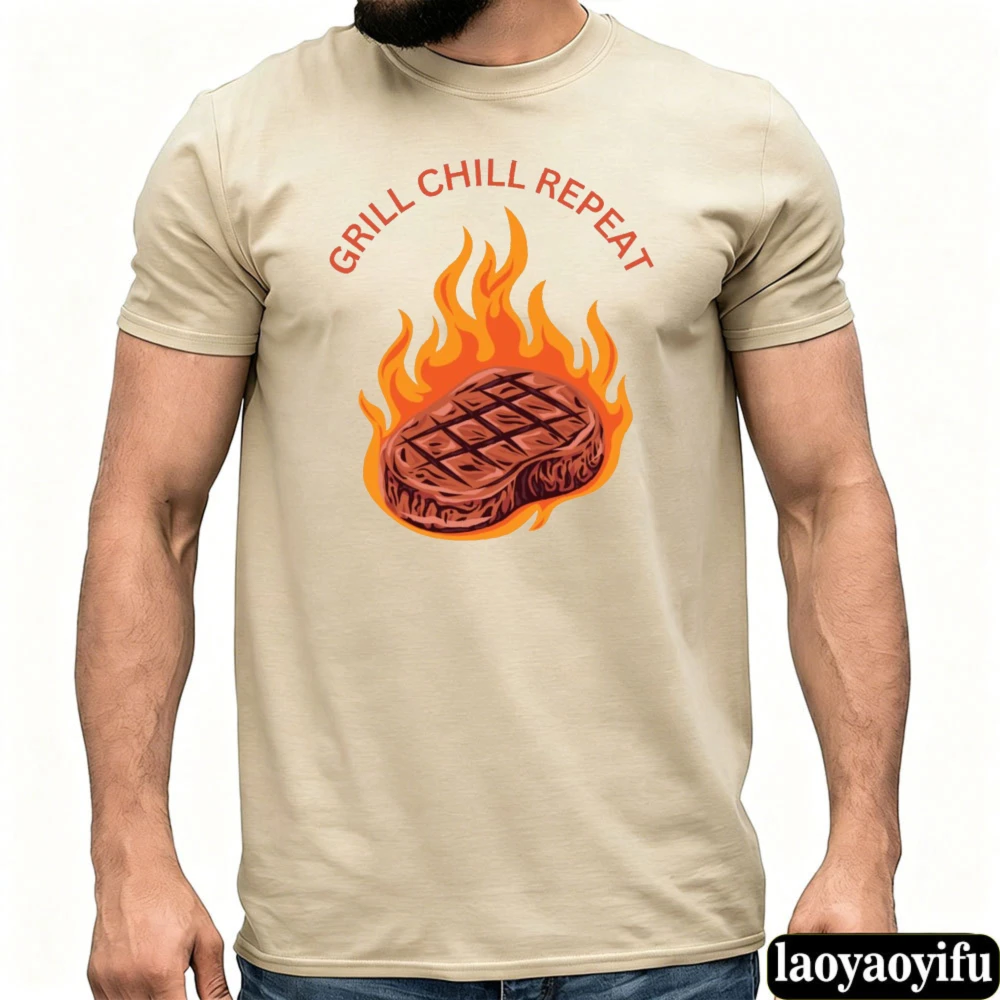Grill Chill Repeat Steak Flame Graphic Men T Shirt Barbecue Meat Lover Cooking Print Top for Weekend Outdoor BBQ Party