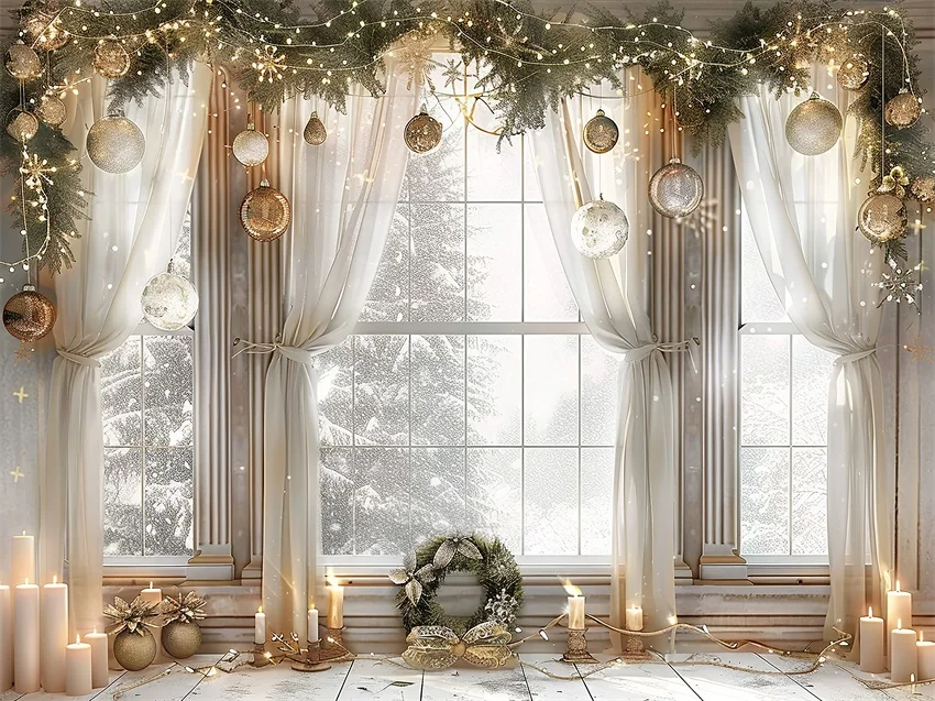 Mehofond Christmas White Window Curtains Photography Backdrop Family Portrait Wooden Floor Candle Decor Photocall Background