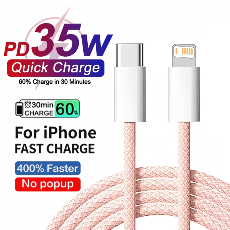 PD 35W Braided Fast Charging Cable For iPhone 13 Pro Max 14 Plus 11 12 Pro XS Max X XR 7 8 USB-C Rapid Charge Data Cables 1m 2m